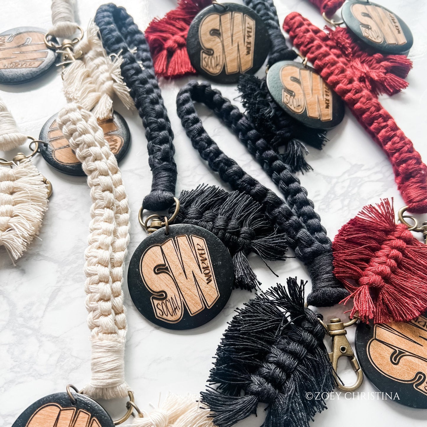 Social Worker Gift – Macrame Keychain with Engraved Wooden Disc (3 Colors)