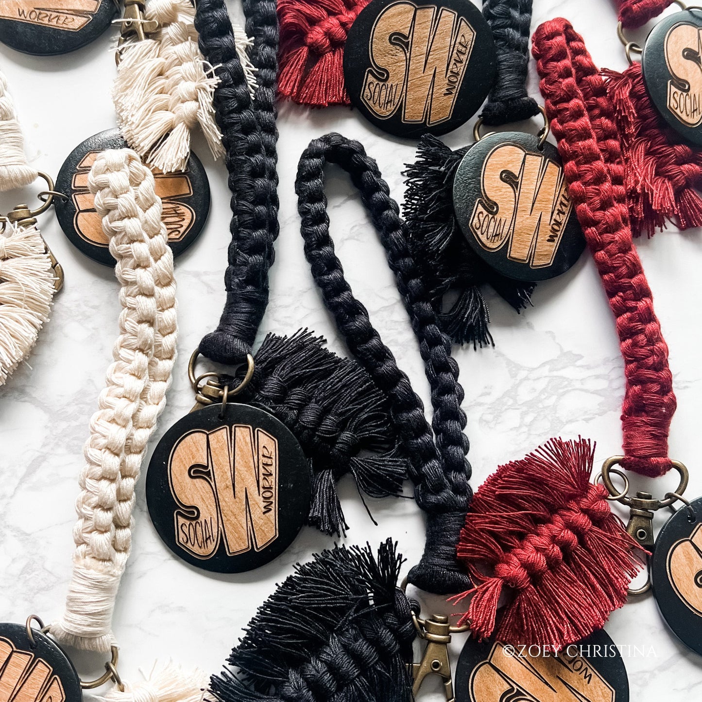 Social Worker Gift – Macrame Keychain with Engraved Wooden Disc (3 Colors)