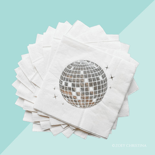 Silver Disco Ball Napkins – White Dinner Napkins for New Year’s Eve & Disco Parties (20-Pack)