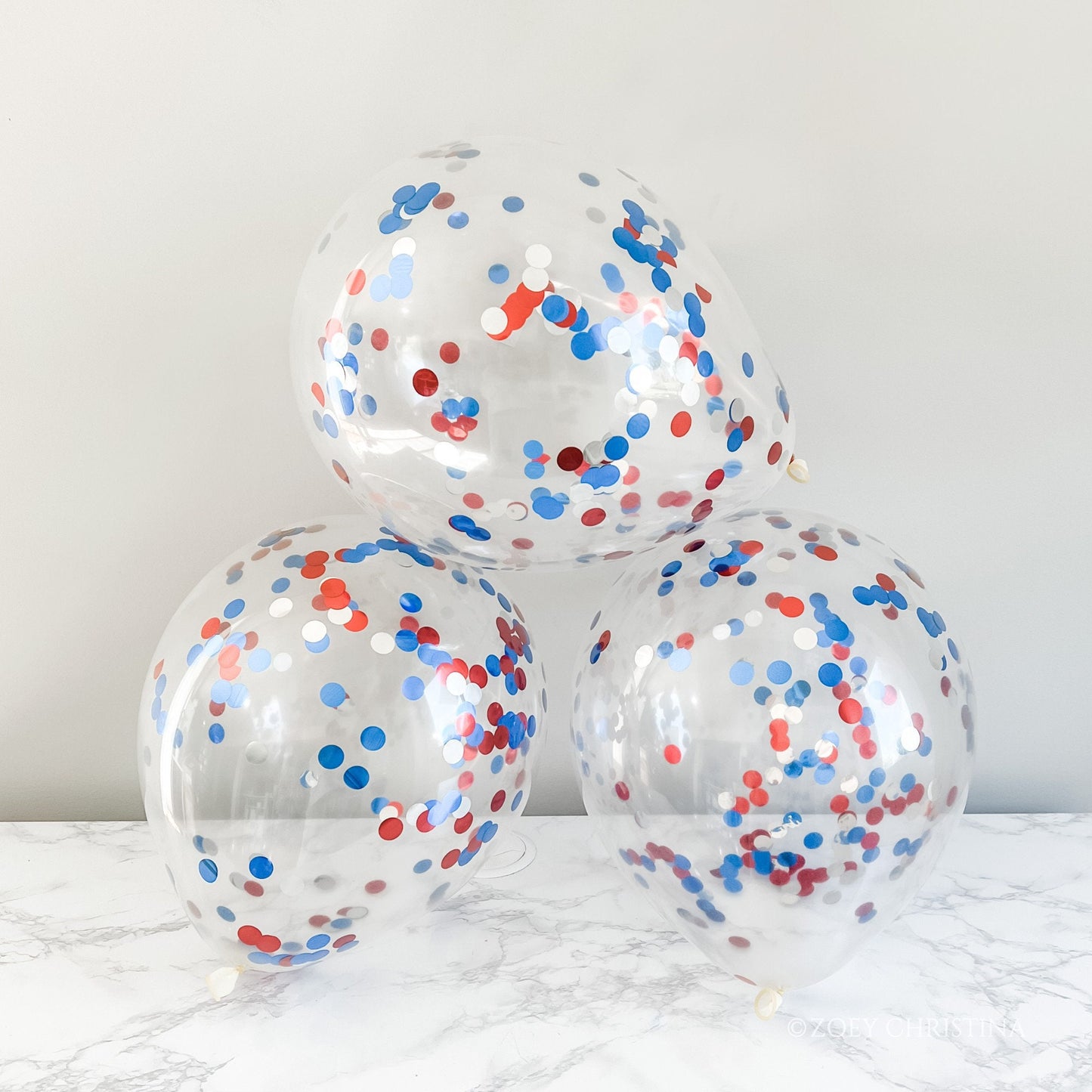 4th of July Confetti Balloons – Red, White & Silver Clear Latex Balloons