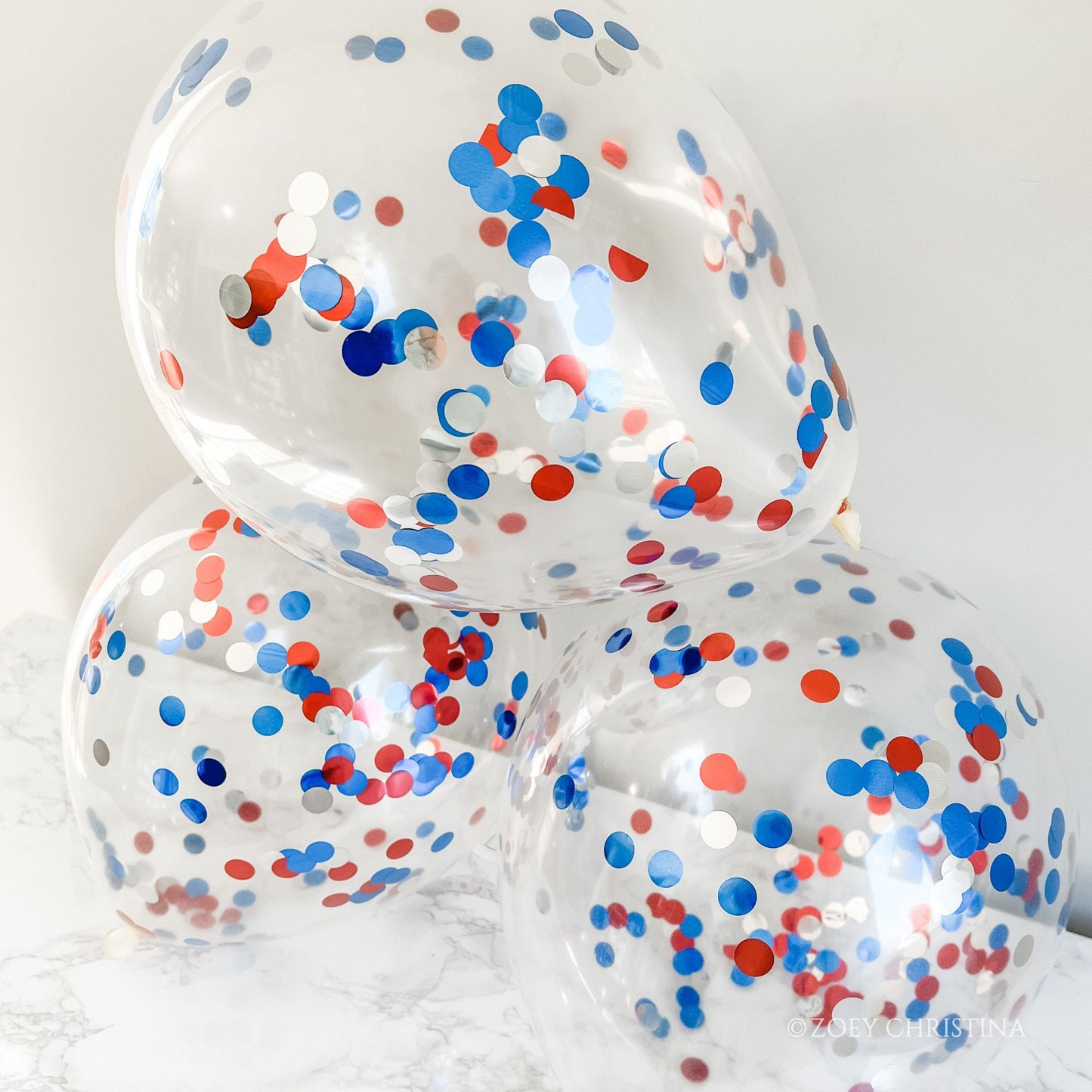 4th of July Confetti Balloons – Red, White & Silver Clear Latex Balloons