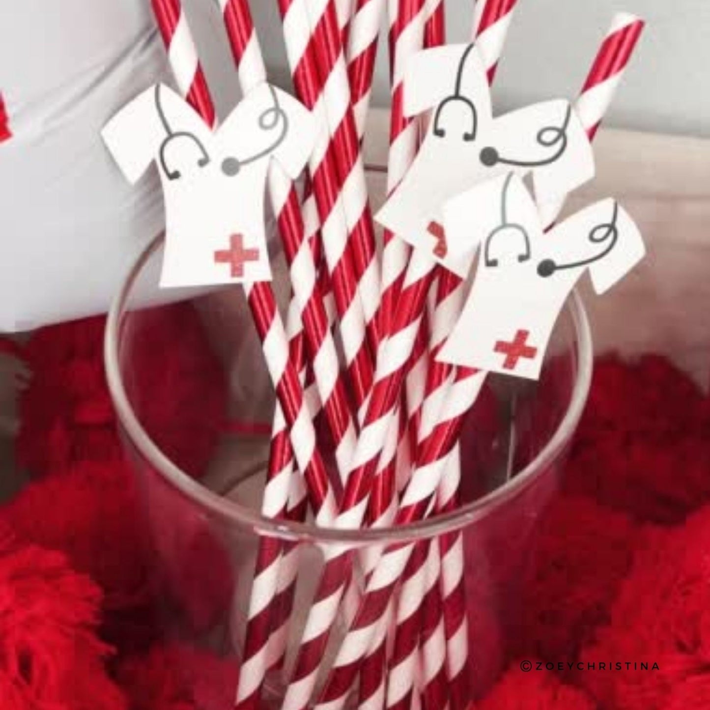 Nurse Party Paper Straws – 12 Pack Red Striped Straws with Scrub Top Cutouts