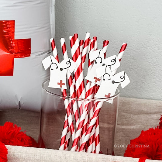 Nurse Party Paper Straws – 12 Pack Red Striped Straws with Scrub Top Cutouts