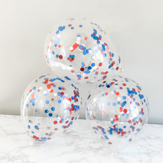 4th of July Confetti Balloons – Red, White & Silver Clear Latex Balloons