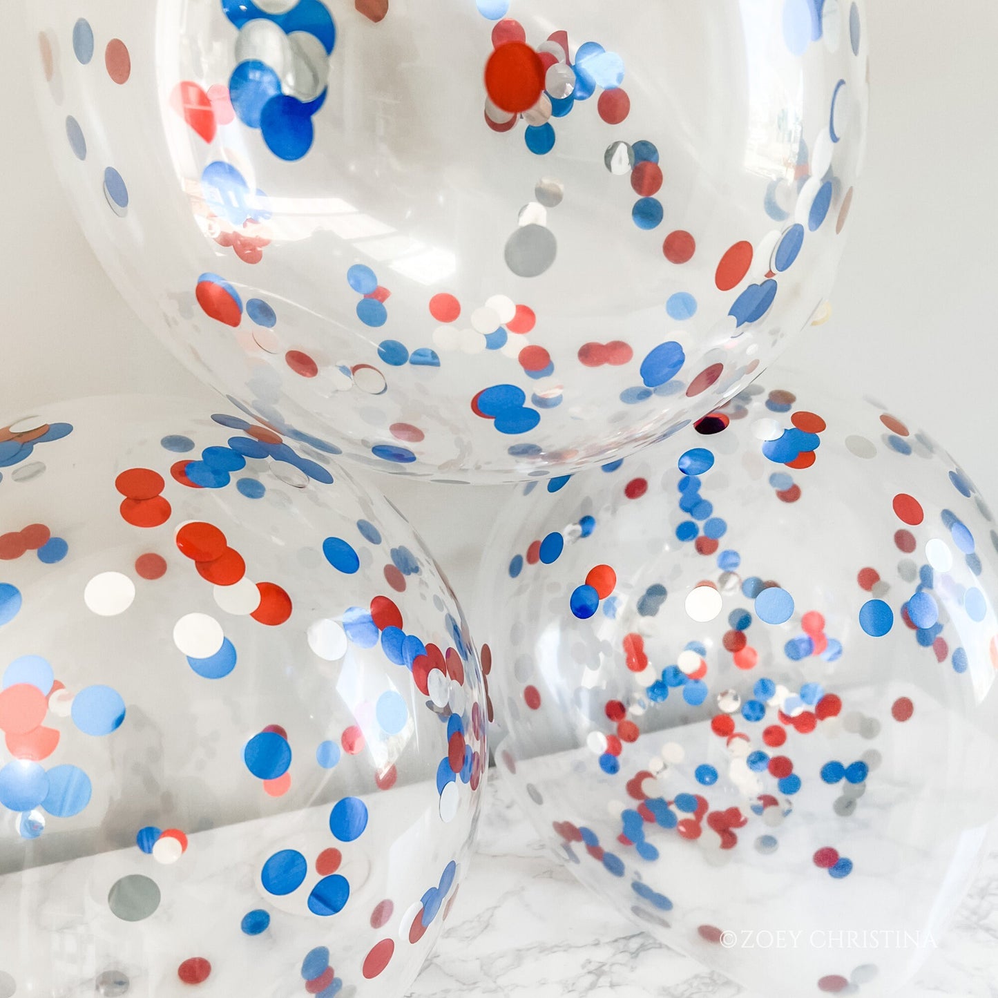 4th of July Confetti Balloons – Red, White & Silver Clear Latex Balloons