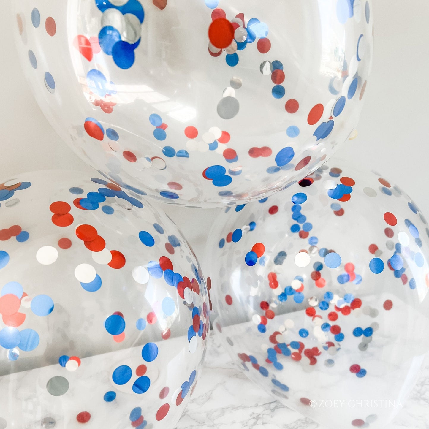 4th of July Confetti Balloons – Red, White & Silver Clear Latex Balloons