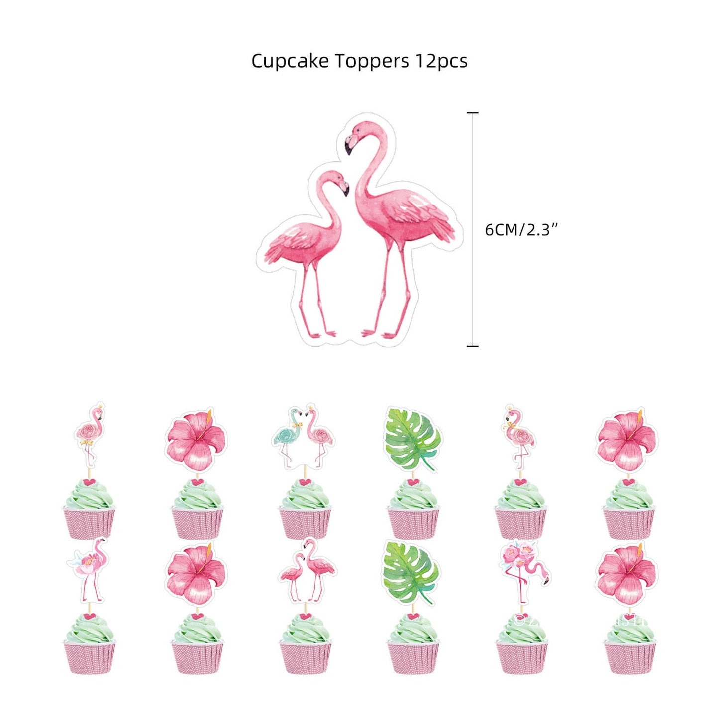 Flamingo & Palm Leaf Cupcake Toppers – 12-Pack Tropical Party Picks
