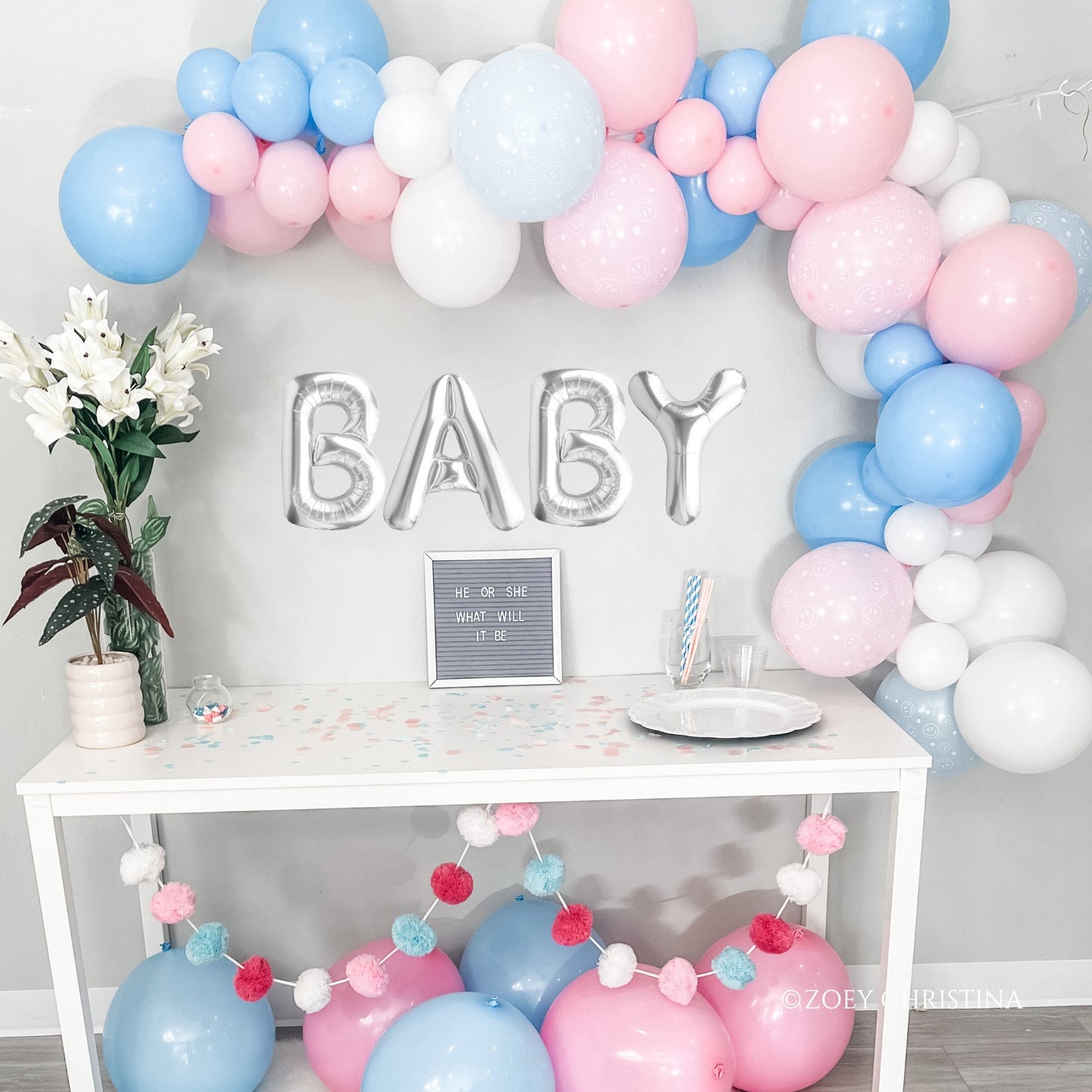 Smiley Gender Reveal Balloon Garland Kit – Pink, Blue & White Baby Shower Decor