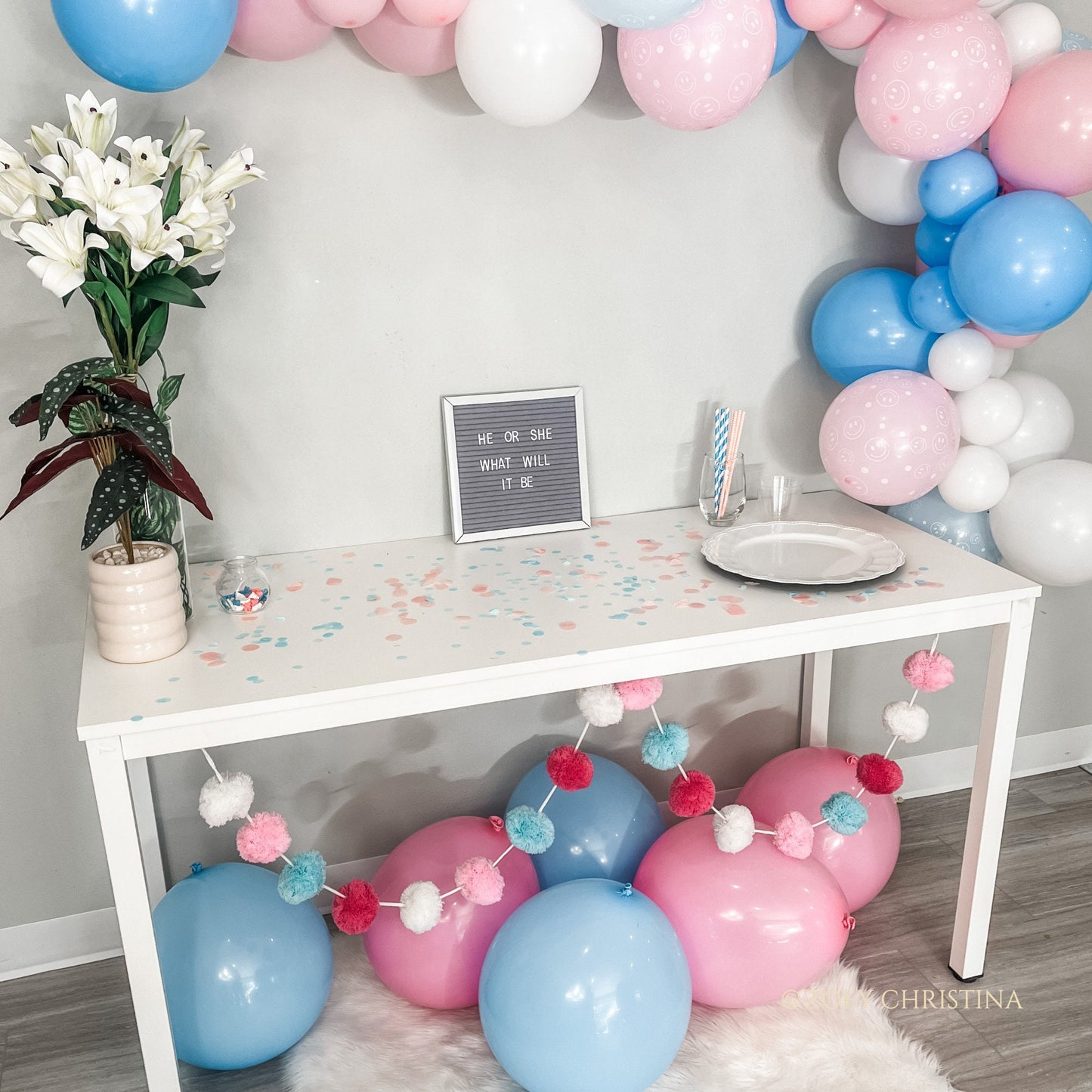 Smiley Gender Reveal Balloon Garland Kit – Pink, Blue & White Baby Shower Decor