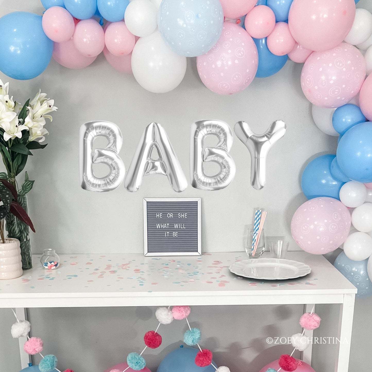 Smiley Gender Reveal Balloon Garland Kit – Pink, Blue & White Baby Shower Decor