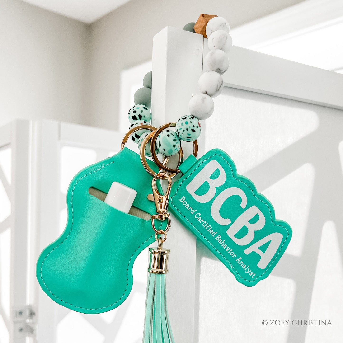 BCBA Keychain – Wristlet Keychain for Board Certified Behavior Analysts (Mint Blue & Pink)