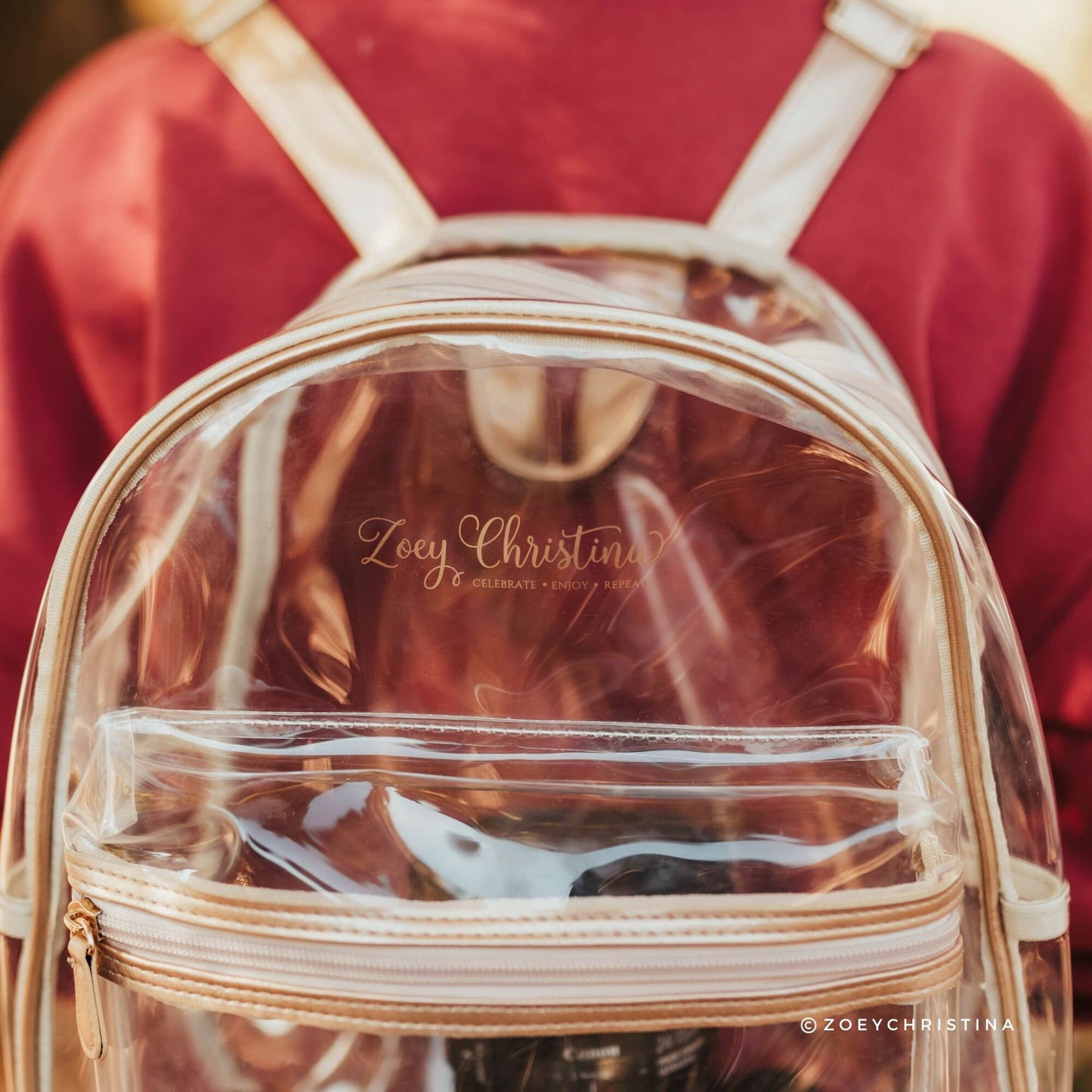 Clear Stadium Bag Backpack Purse - Festivals, Colleges, concerts sizing, Gold Aesthetic Design with Optional Tassel and Initial Patches