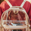 Clear Stadium Bag Backpack Purse - Festivals, Colleges, concerts sizing, Gold Aesthetic Design with Optional Tassel and Initial Patches
