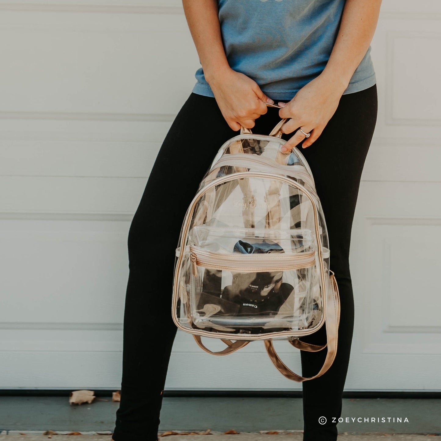 Clear Stadium Bag Backpack Purse - Festivals, Colleges, concerts sizing, Gold Aesthetic Design with Optional Tassel and Initial Patches