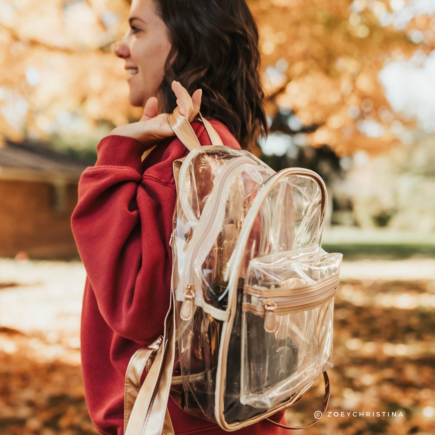 Clear Stadium Bag Backpack Purse - Festivals, Colleges, concerts sizing, Gold Aesthetic Design with Optional Tassel and Initial Patches