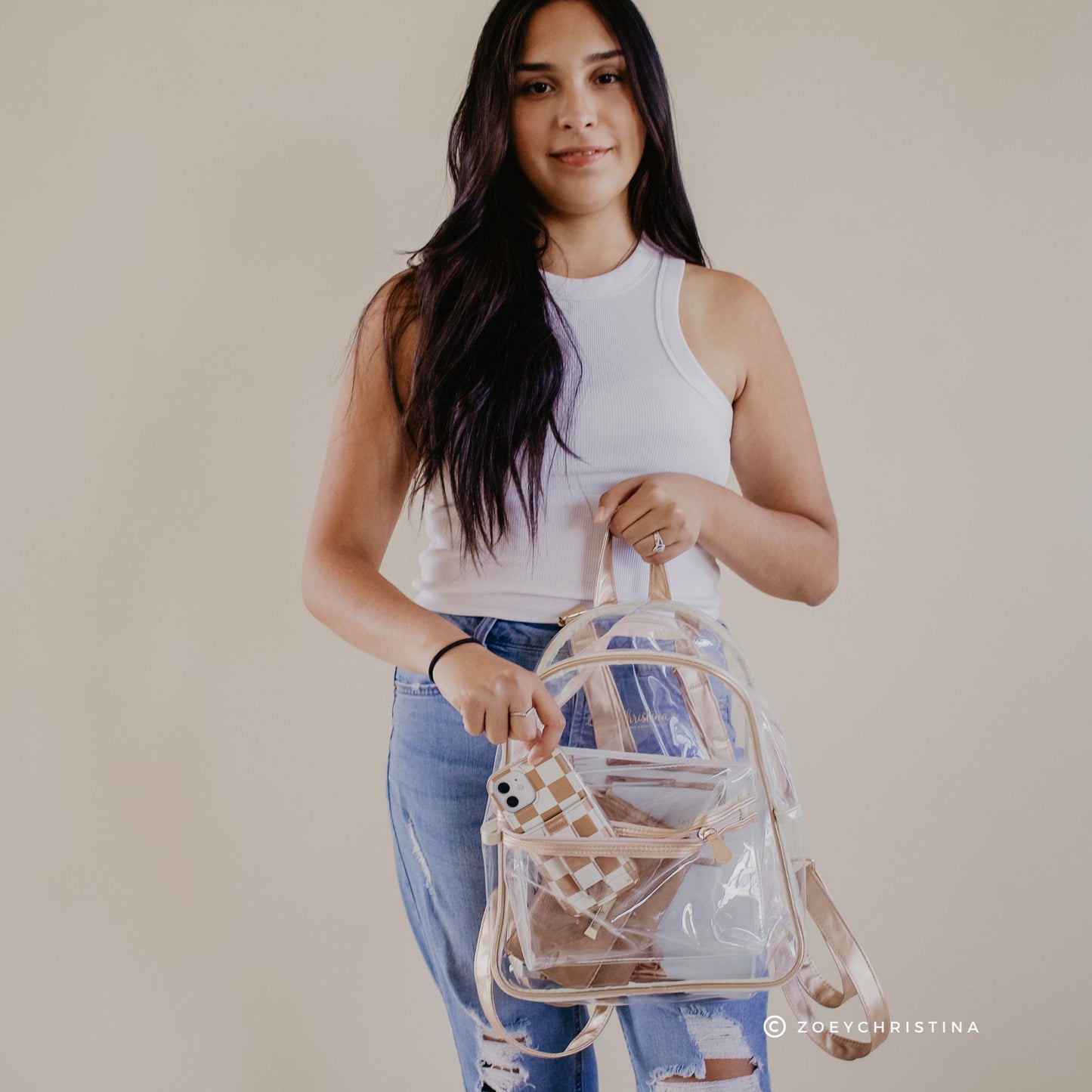 Clear Stadium Bag Backpack Purse - Festivals, Colleges, concerts sizing, Gold Aesthetic Design with Optional Tassel and Initial Patches
