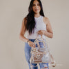 Clear Stadium Bag Backpack Purse - Festivals, Colleges, concerts sizing, Gold Aesthetic Design with Optional Tassel and Initial Patches