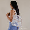 Clear Stadium Bag Backpack Purse - Festivals, Colleges, concerts sizing, Gold Aesthetic Design with Optional Tassel and Initial Patches