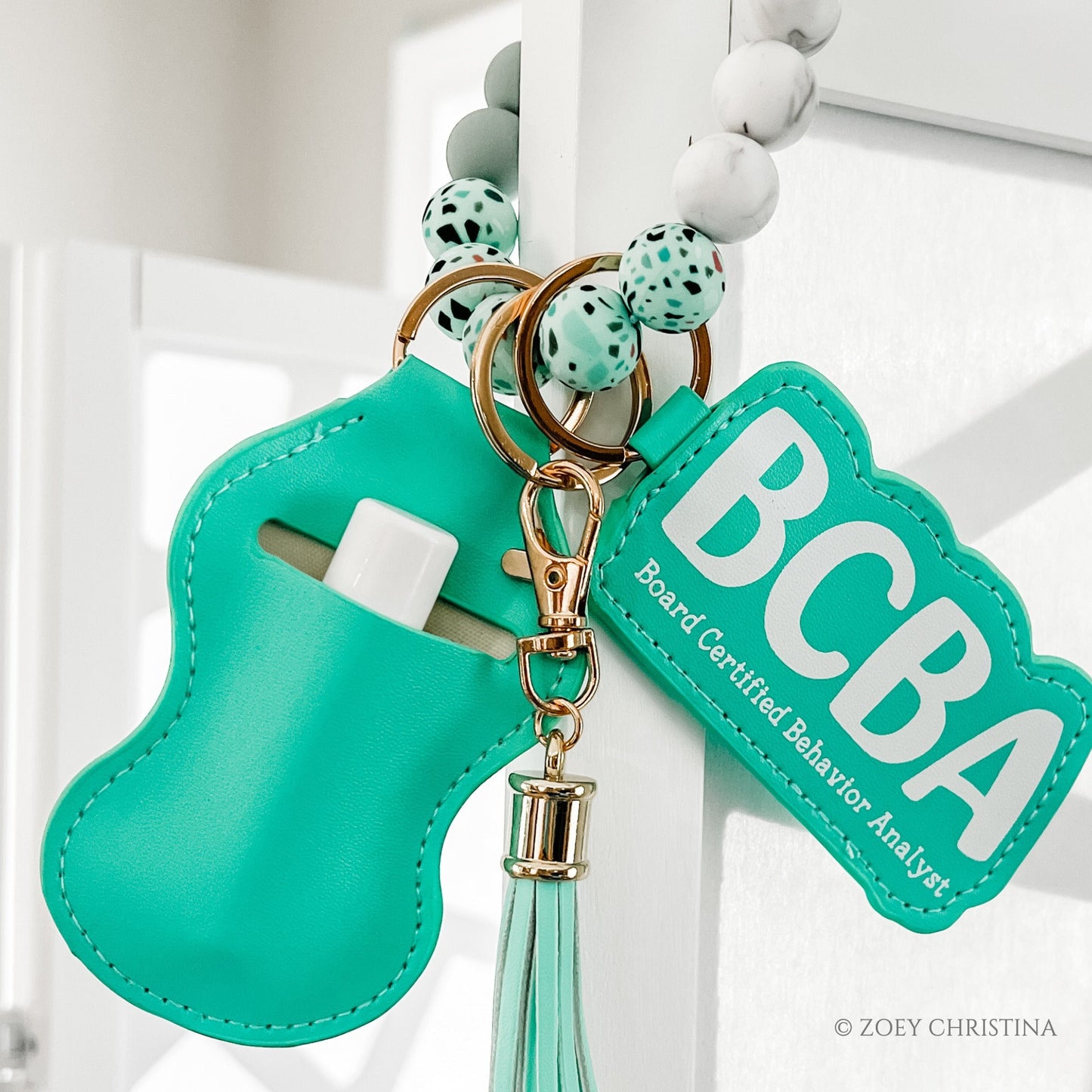 BCBA Keychain – Wristlet Keychain for Board Certified Behavior Analysts (Mint Blue & Pink)