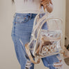 Clear Stadium Bag Backpack Purse - Festivals, Colleges, concerts sizing, Gold Aesthetic Design with Optional Tassel and Initial Patches