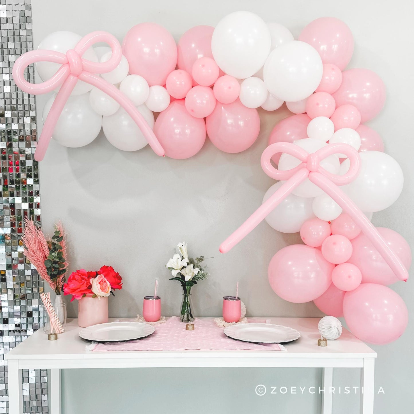 Pink Bow Balloon Garland – Pink & White Balloon Arch Kit for Elegant Parties