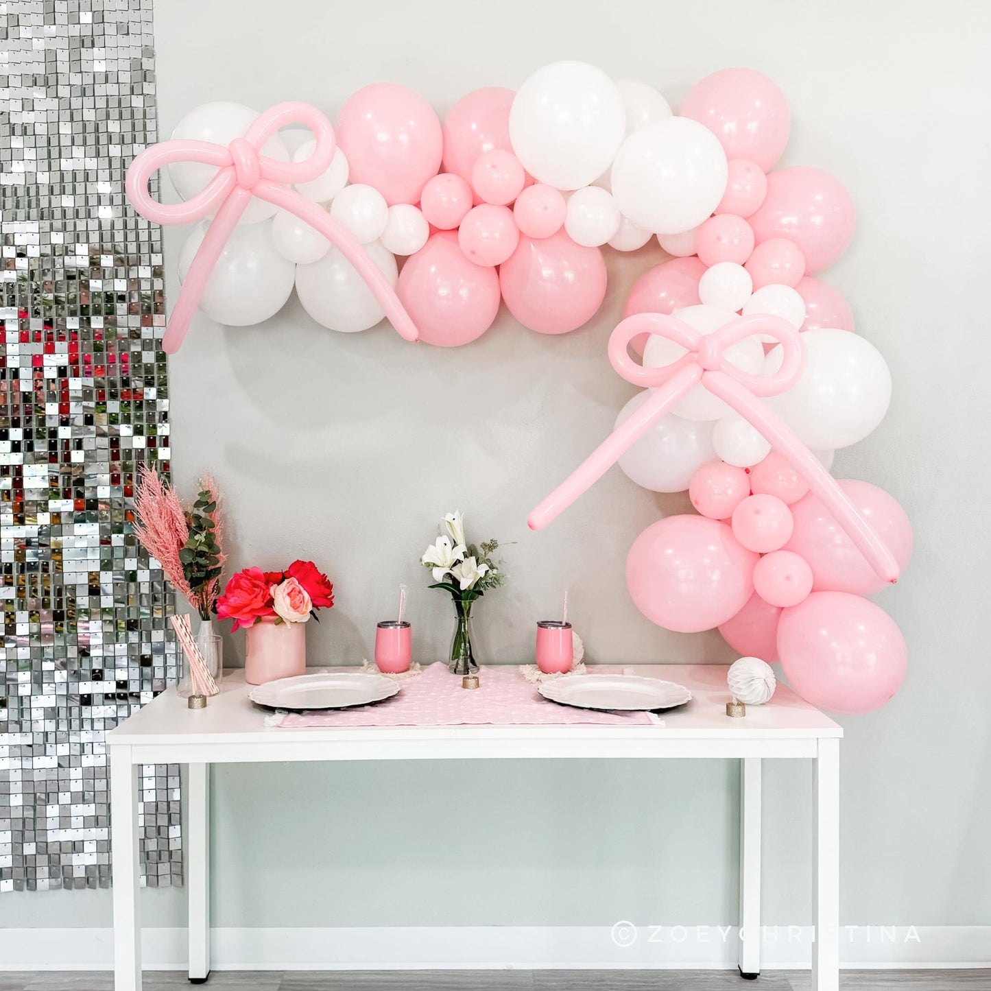 Pink Bow Balloon Garland – Pink & White Balloon Arch Kit for Elegant Parties