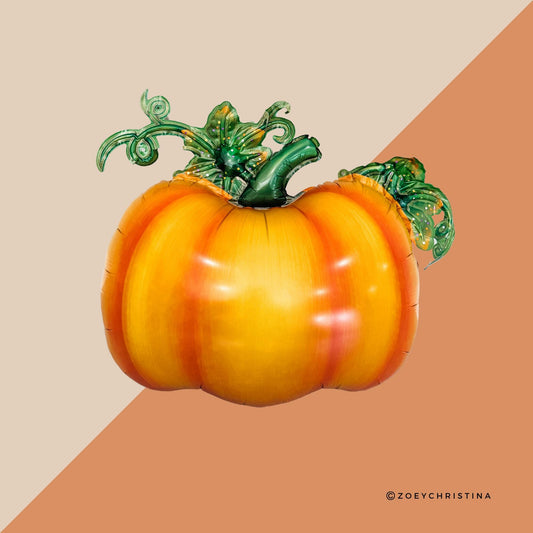 Cute Orange Pumpkin Foil Balloon with Green Stem & Leaves - Fall Party, Harvest