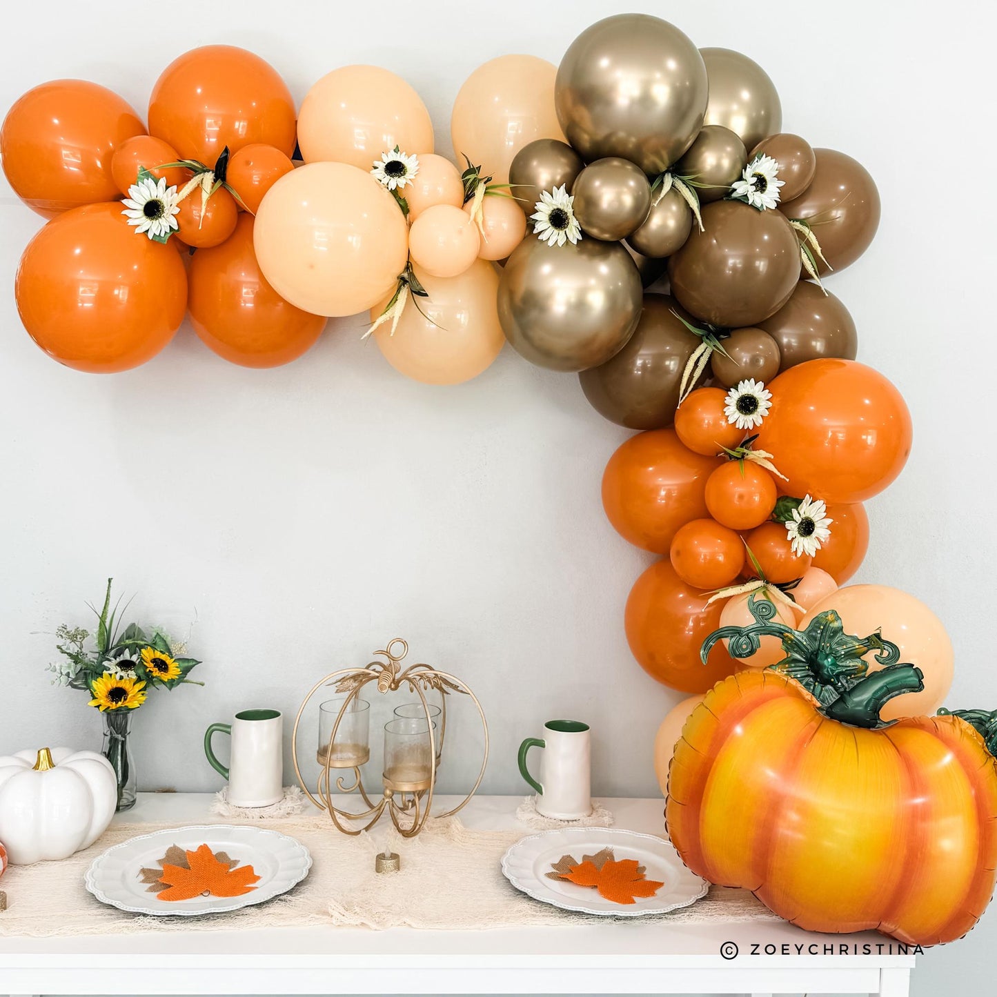 Cute Orange Pumpkin Foil Balloon with Green Stem & Leaves - Fall Party, Harvest