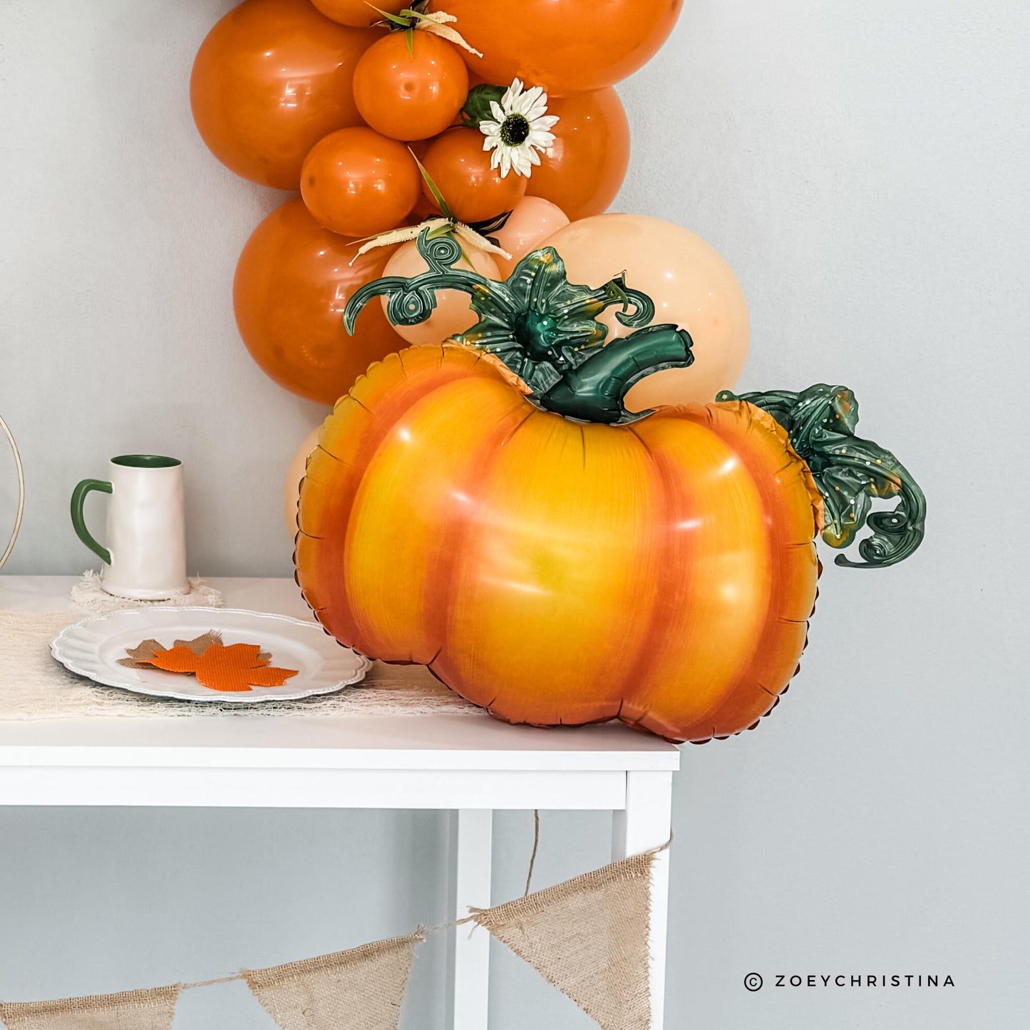 Cute Orange Pumpkin Foil Balloon with Green Stem & Leaves - Fall Party, Harvest