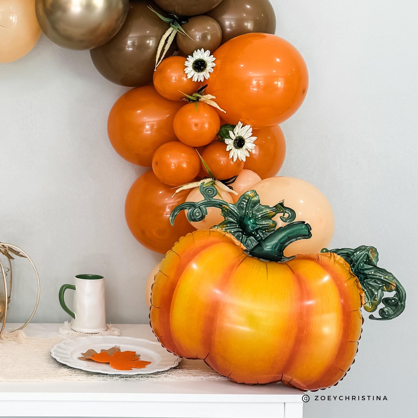 Cute Orange Pumpkin Foil Balloon with Green Stem & Leaves - Fall Party, Harvest