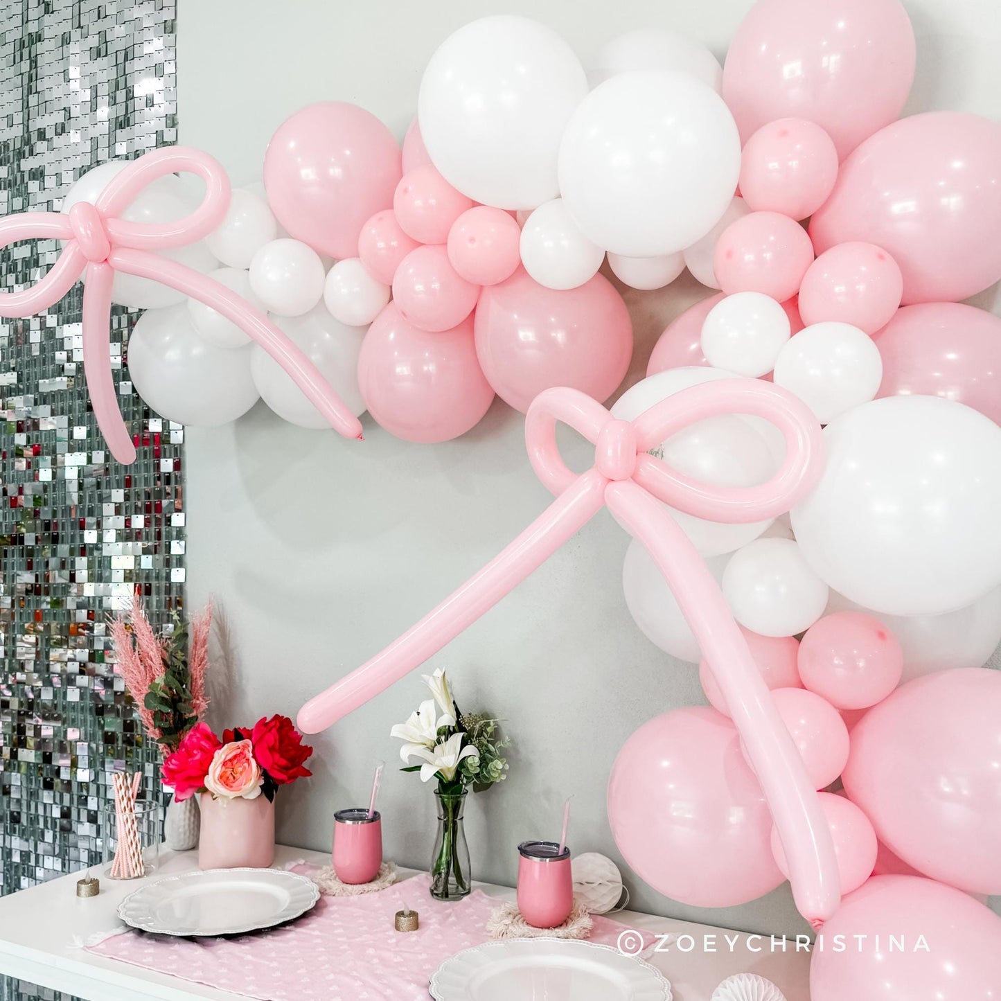 Pink Bow Balloon Garland – Pink & White Balloon Arch Kit for Elegant Parties