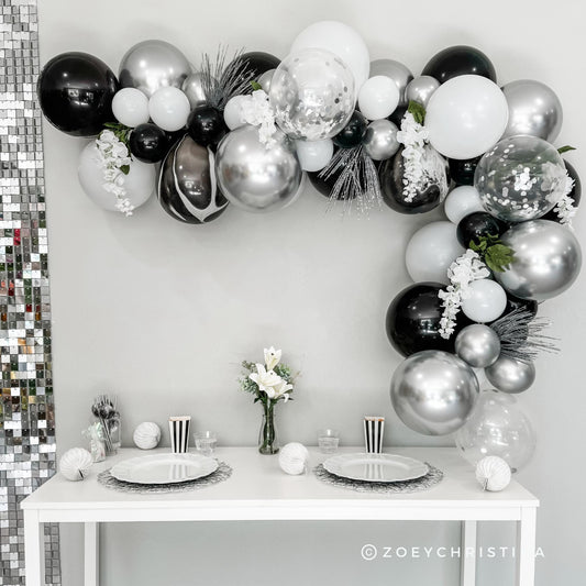 Classic Black & White Balloon Arch – Chic Silver Party Decoration Kit