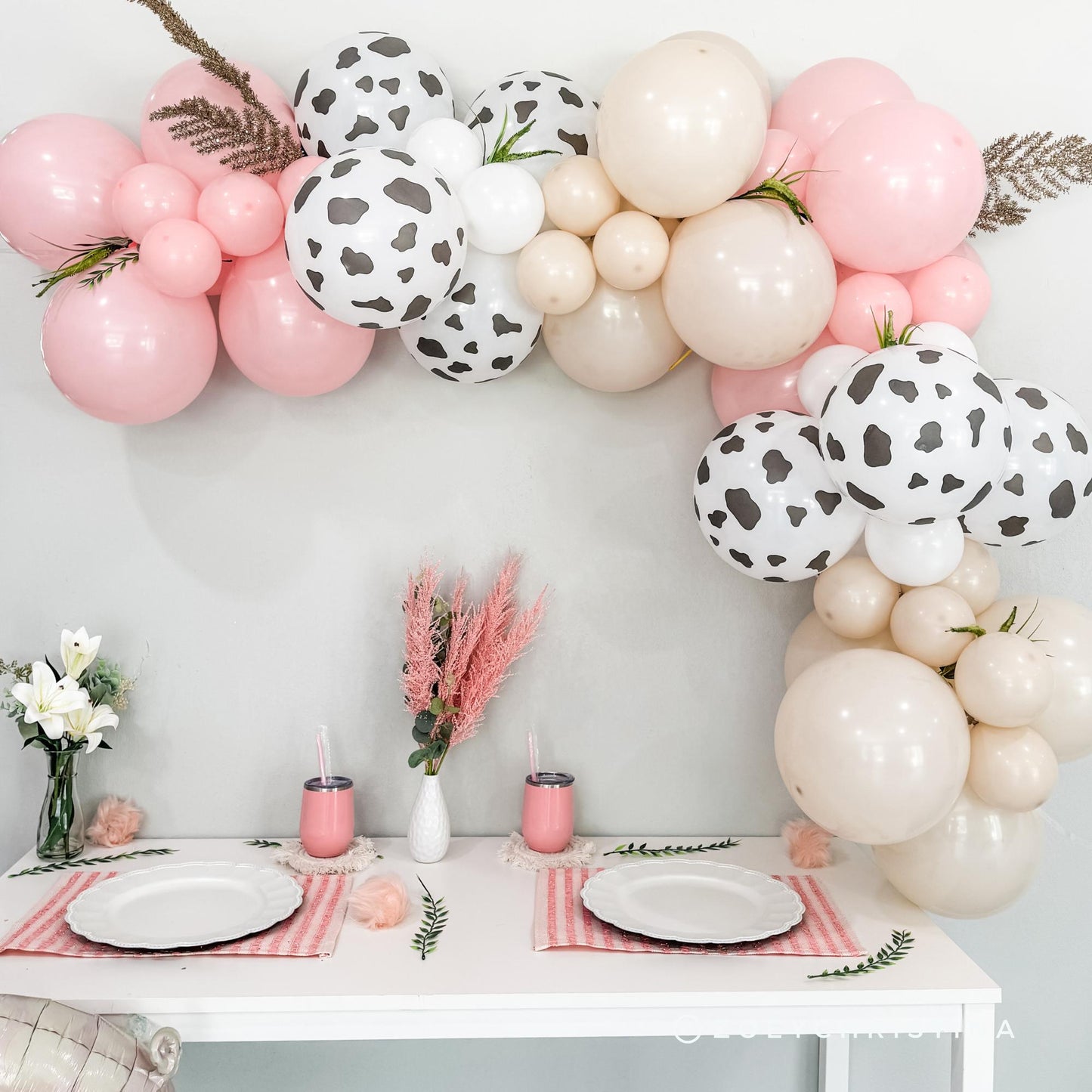 Little Cowgirl Balloon Garland – Pink, Sand & Cowprint Balloons for Western Parties