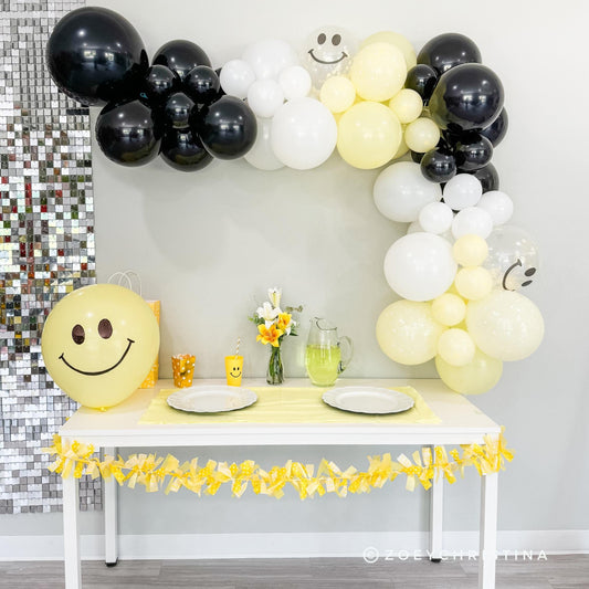 Happy Dude Smiley Balloon Garland – Yellow, White & Black Party Balloon Kit