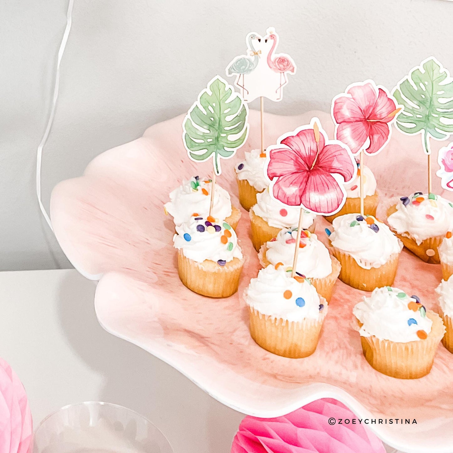Flamingo & Palm Leaf Cupcake Toppers – 12-Pack Tropical Party Picks