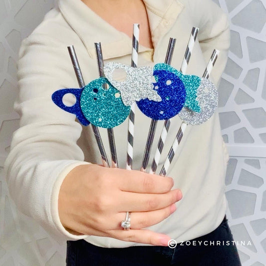 Space-Themed Paper Straws – Silver Straws with Spaceship & Moon Cutouts | 12-Pack
