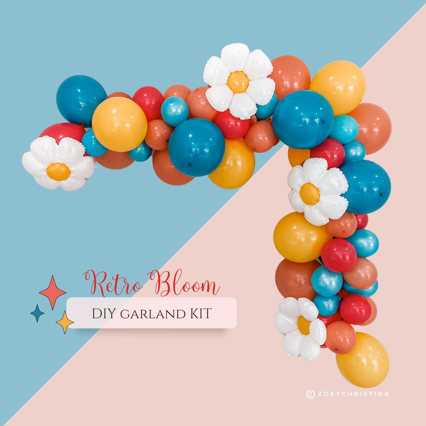 Vintage Groovy Balloon Arch – Dark Retro Colors with Foil Daisy Balloons