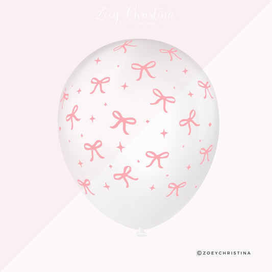 Pink Bow Birthday Party Latex Balloons - Clear with Pink Balloon with Bows - Trendy Pink Bow Inspired Party Decor for Birthdays, Baby Shower