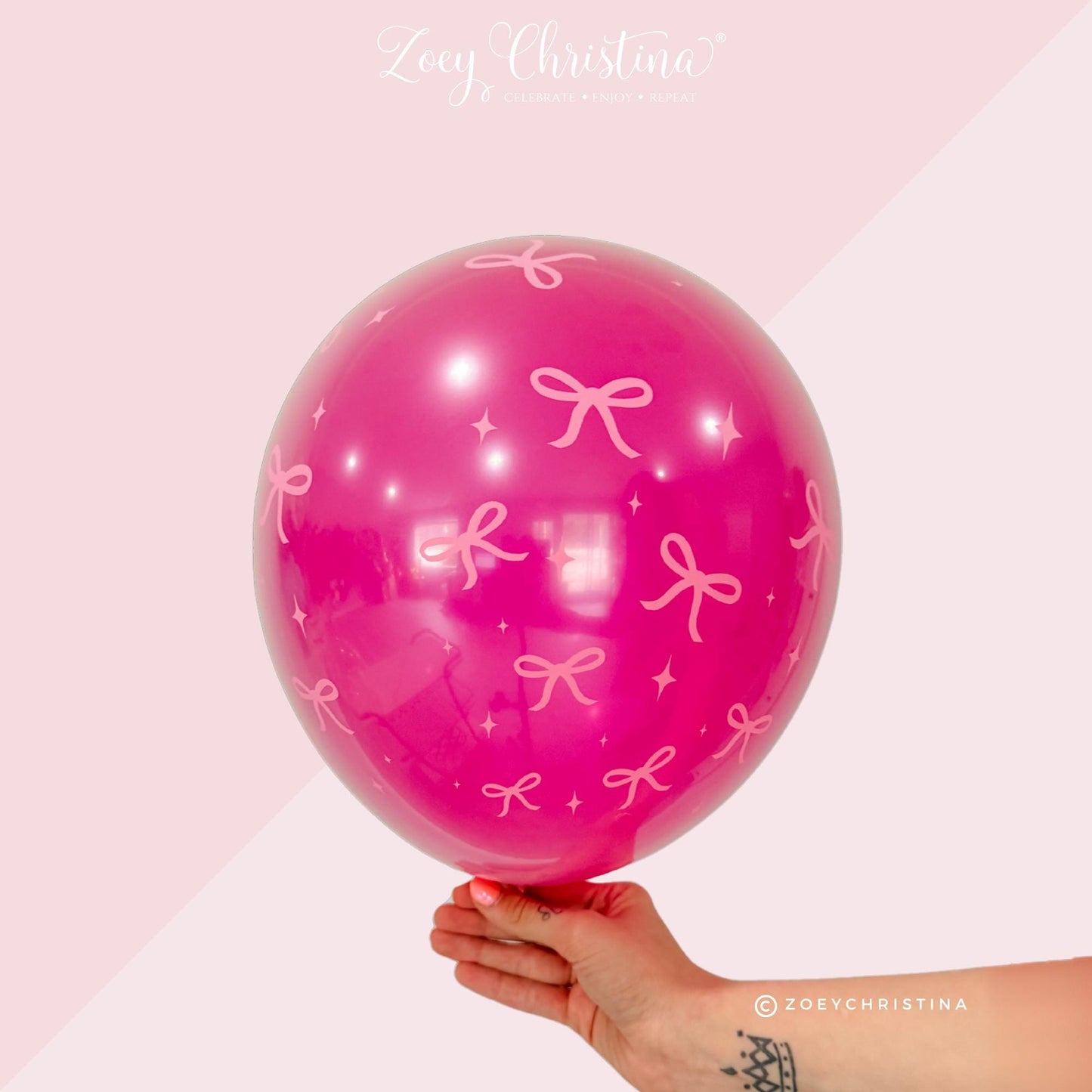 Pink Bow Birthday Party Latex Balloons - Clear with Pink Balloon with Bows - Trendy Pink Bow Inspired Party Decor for Birthdays, Baby Shower