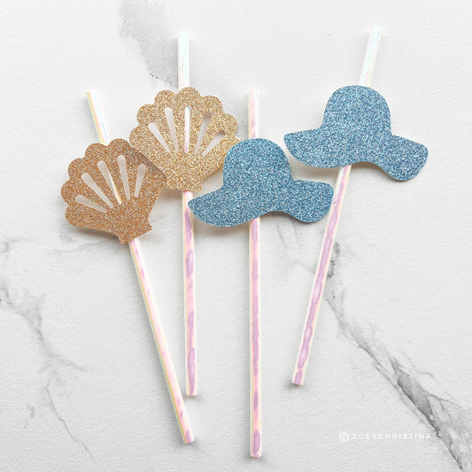 Seashells and Wedding Bells, Coastal Glam Paper Straws, Seashells & Blue Glitter Sun Hats | Beach Bridal Shower and Summer Party Decor