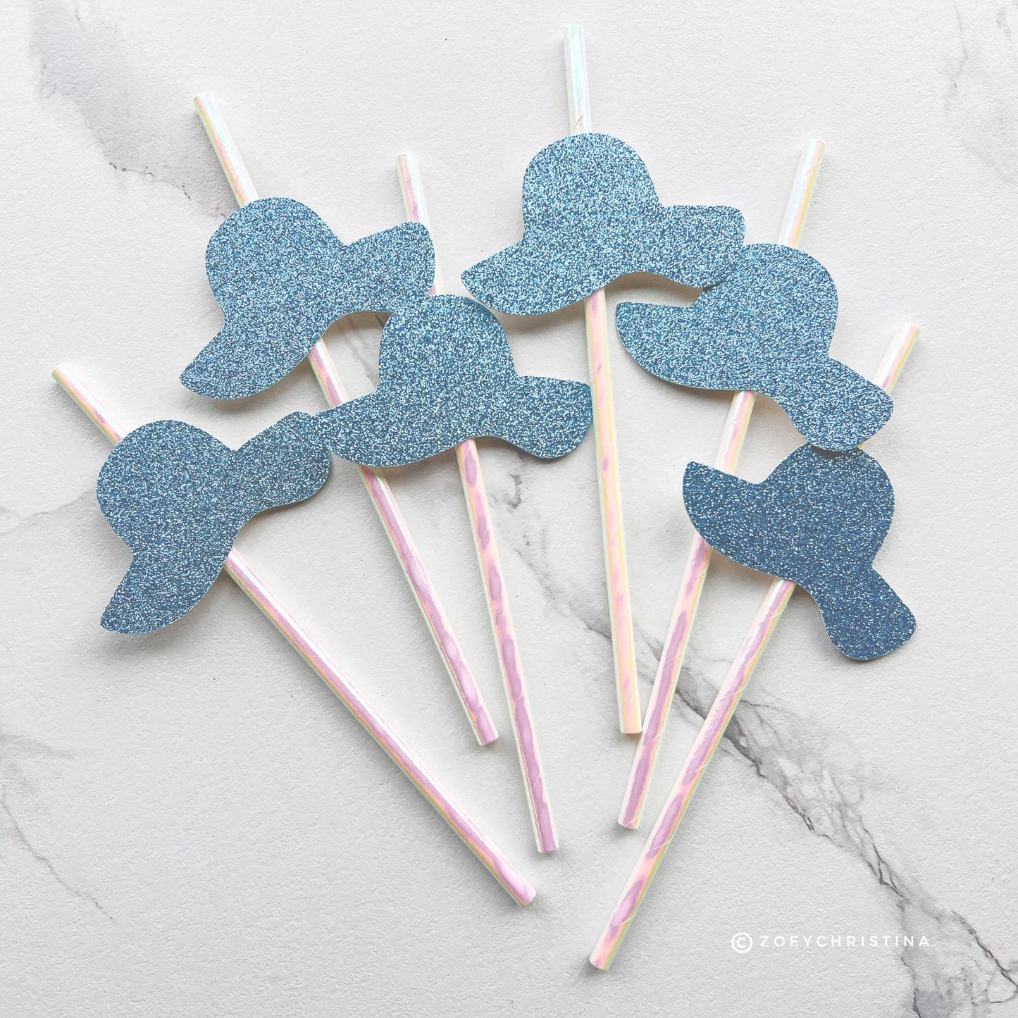Seashells and Wedding Bells, Coastal Glam Paper Straws, Seashells & Blue Glitter Sun Hats | Beach Bridal Shower and Summer Party Decor