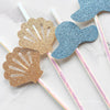 Seashells and Wedding Bells, Coastal Glam Paper Straws, Seashells & Blue Glitter Sun Hats | Beach Bridal Shower and Summer Party Decor