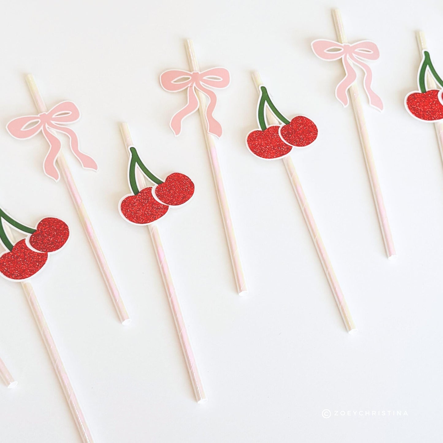 Cherry Pink Bow Paper Straws – Party Straw Drink Stirrers Cherry on top | Girly Birthday, Bachelorette and Sweet Theme Decor