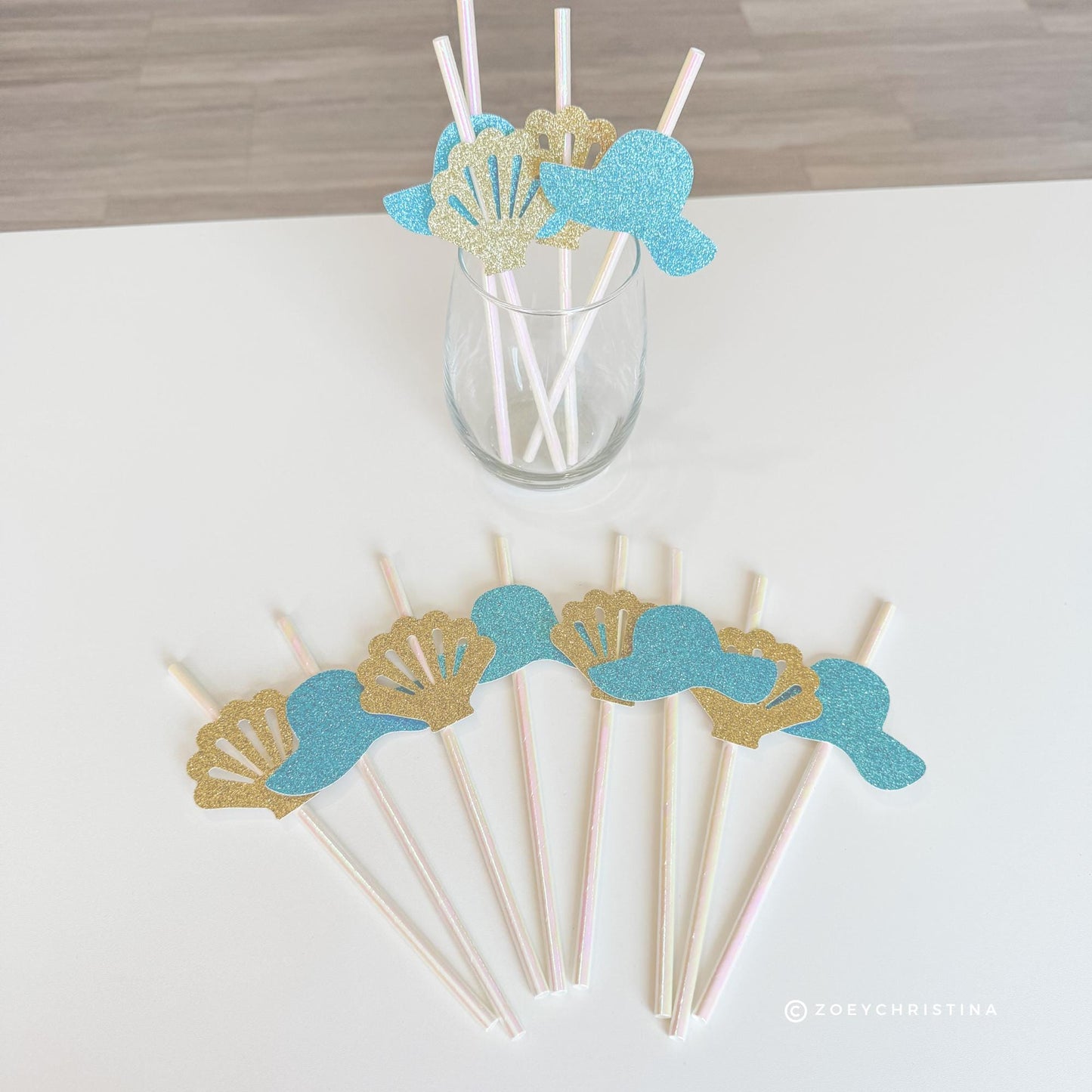 Seashells and Wedding Bells, Coastal Glam Paper Straws, Seashells & Blue Glitter Sun Hats | Beach Bridal Shower and Summer Party Decor