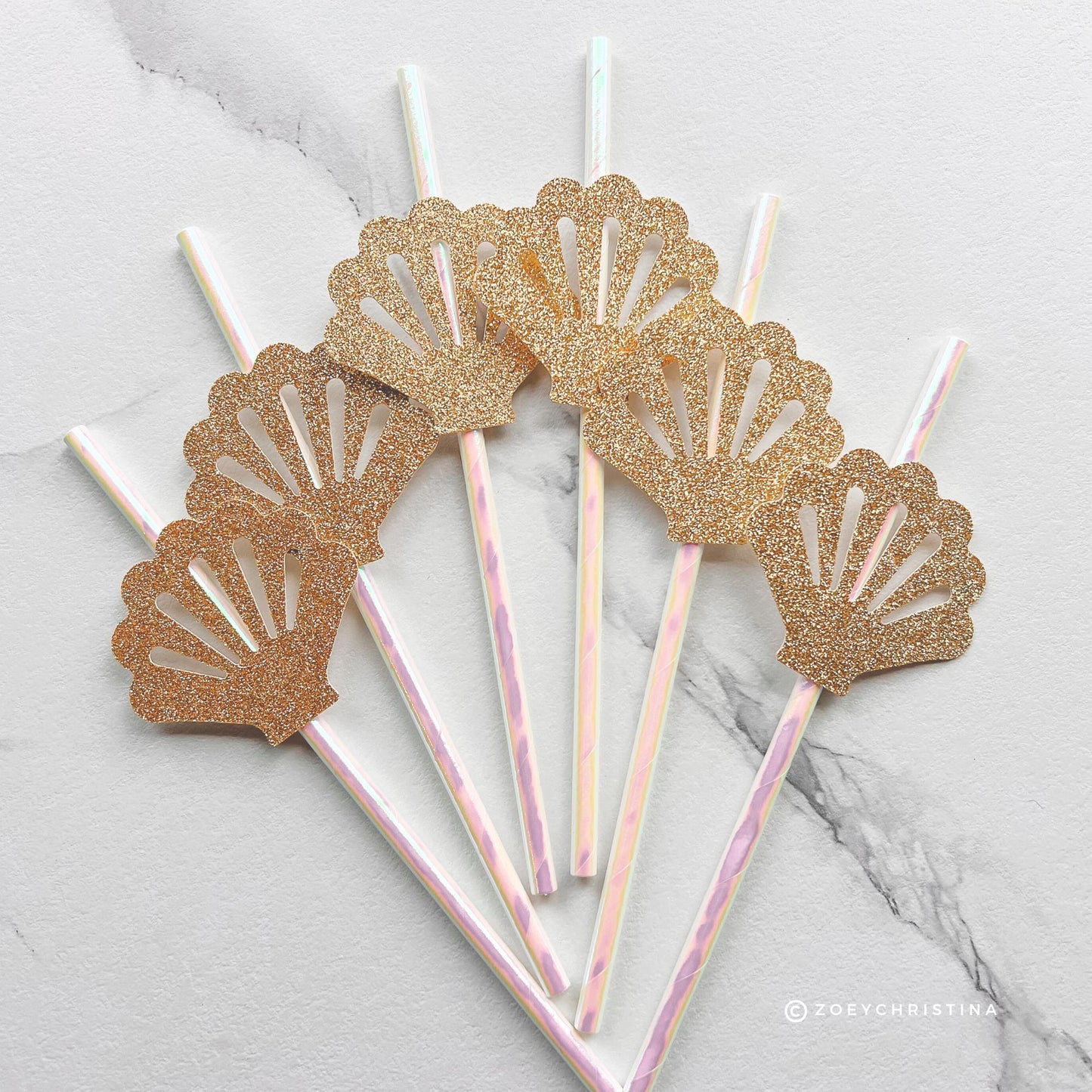 Seashells and Wedding Bells, Coastal Glam Paper Straws, Seashells & Blue Glitter Sun Hats | Beach Bridal Shower and Summer Party Decor