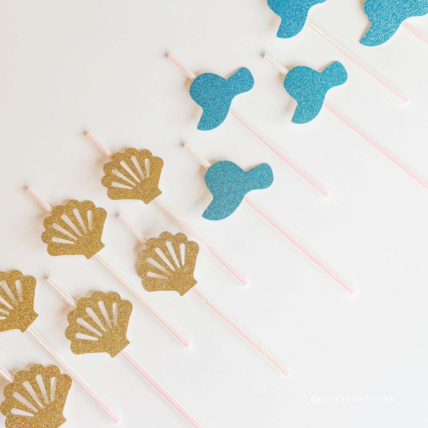 Seashells and Wedding Bells, Coastal Glam Paper Straws, Seashells & Blue Glitter Sun Hats | Beach Bridal Shower and Summer Party Decor