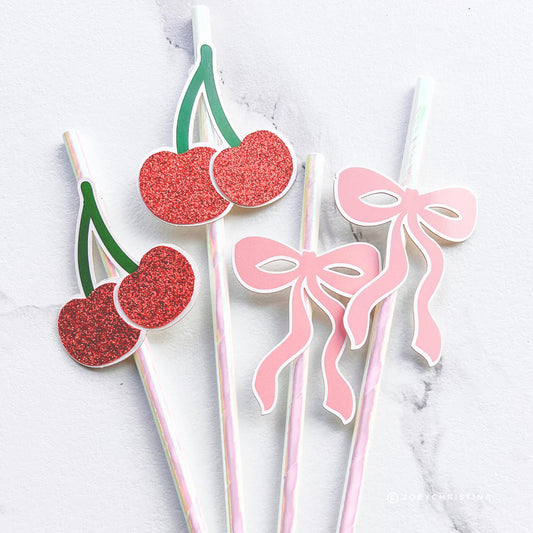 Cherry Pink Bow Paper Straws – Party Straw Drink Stirrers Cherry on top | Girly Birthday, Bachelorette and Sweet Theme Decor