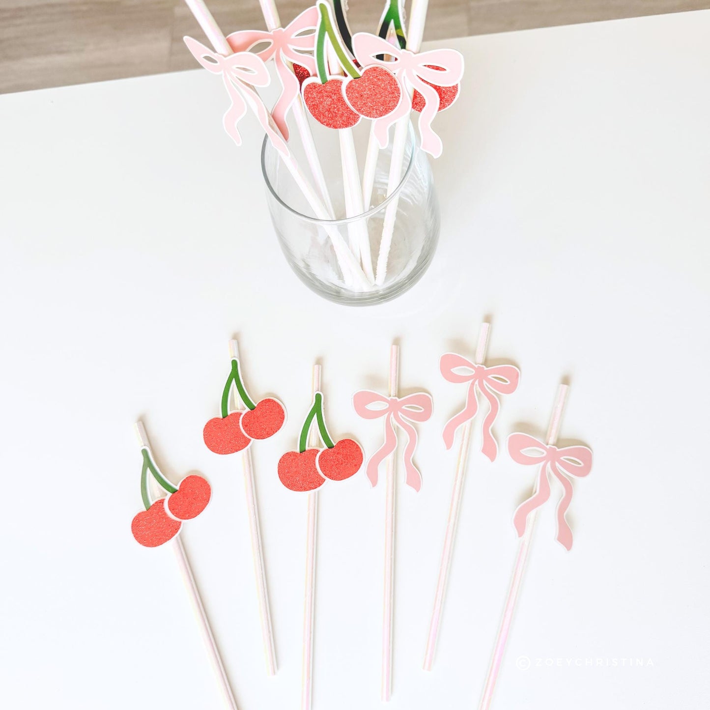 Cherry Pink Bow Paper Straws – Party Straw Drink Stirrers Cherry on top | Girly Birthday, Bachelorette and Sweet Theme Decor