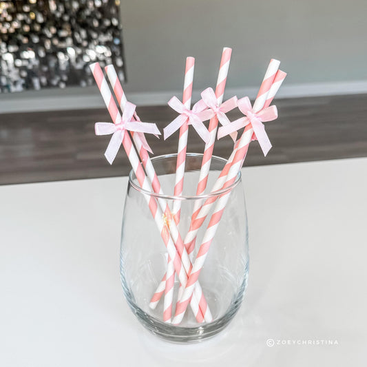 Pink Bow Party Paper Straws Stirrers – Ballet Girly Birthday Decorations, Bachelorette and Sweet Theme Decor