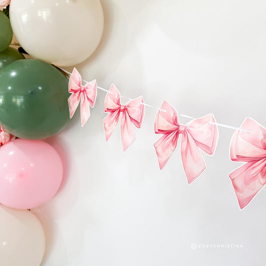 Pink Bow Banner – Girly Ribbon Garland for Bachelorette, Birthday, or Coquette Party Decor | Printed Bow Pennant, Pink Bow Garland